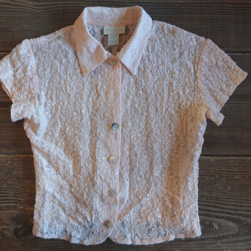 Vintage 90s Express Tricot Light Pink Lace Button Up Top S Sheer Mesh Coquette
